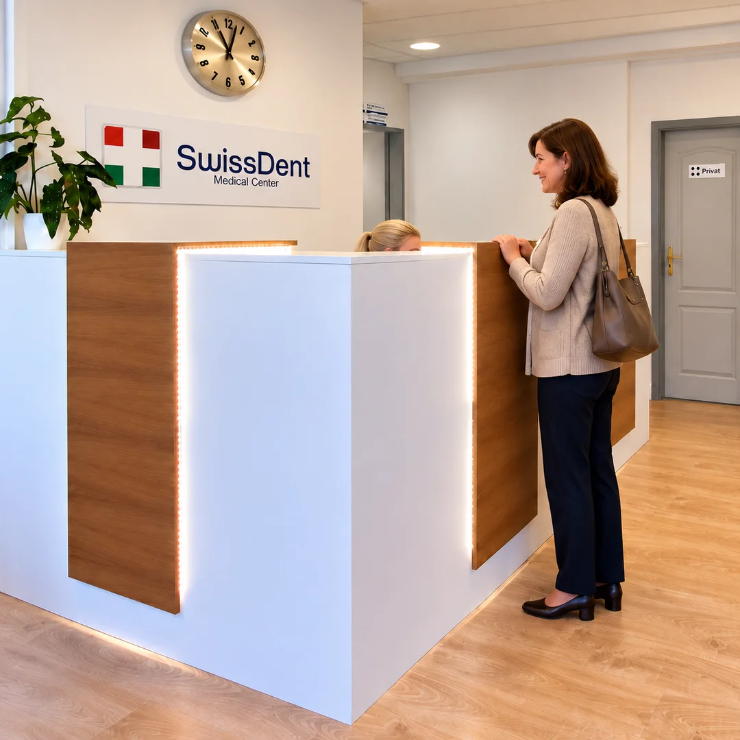 A SwissDent recepciója, illusztrált páciensfogadási jelenettel